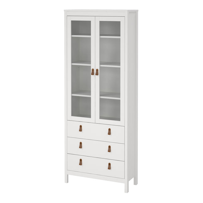 Tall cabinet with two glass doors, three drawers, and wooden handles, finished in white