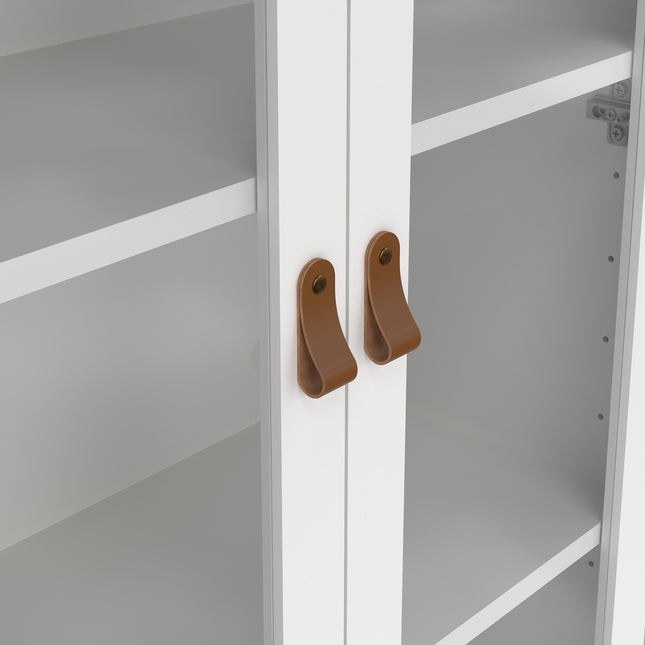 White cabinet with two glass doors, featuring brown leather handles and adjustable shelves inside