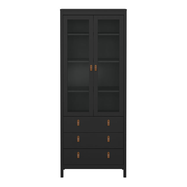 Tall cabinet with two glass doors, three drawers below, and bronze handles, finished in a sleek black