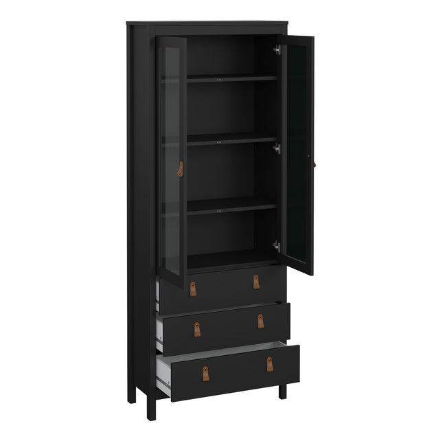 Tall cabinet with two glass-fronted doors, three spacious drawers, and a sleek black finish