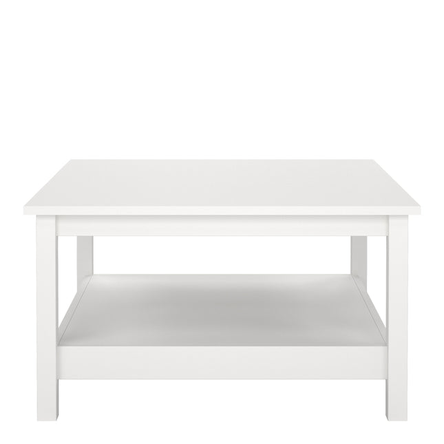Square coffee table with a smooth white surface and an open shelf underneath for storage