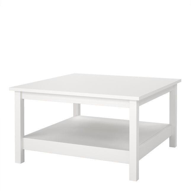 Square coffee table with a smooth white surface and an open shelf underneath for storage