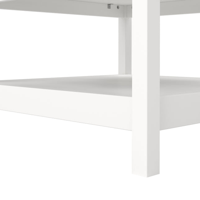 Square coffee table with a smooth white surface and sturdy legs, featuring a lower shelf for additional storage