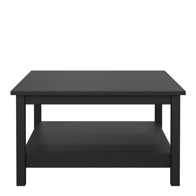 Square coffee table with a flat top and open shelf underneath, finished in a matte black colour