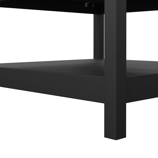 Square coffee table with a smooth black surface and sturdy legs, featuring a lower shelf for storage