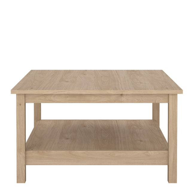 Square coffee table with a smooth wooden surface and an open shelf underneath, finished in light oak