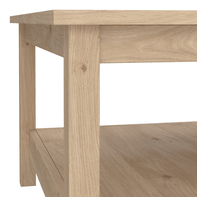 Square coffee table with a smooth wooden surface and sturdy legs, featuring a lower shelf for storage