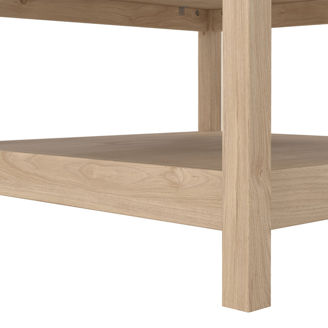 Square coffee table with a smooth wooden surface and sturdy legs, featuring a natural light wood finish