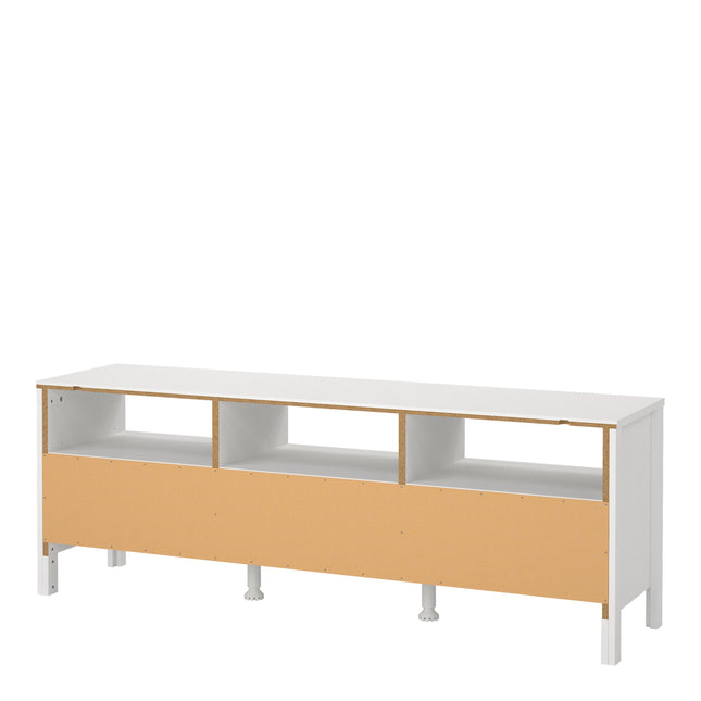 Long TV unit with three open shelves and a lower drawer, featuring a white finish and a light wood panel front