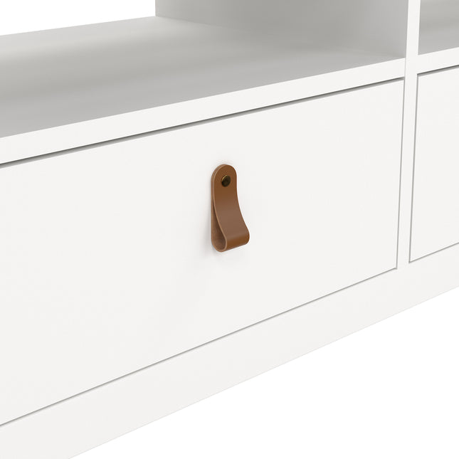 White TV unit featuring three drawers with curved brown leather handles