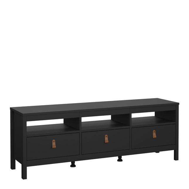 Long TV unit with three drawers and open shelving, finished in black with leather strap handles