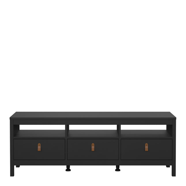 Low TV unit with three drawers and open shelving, finished in black with leather strap handles