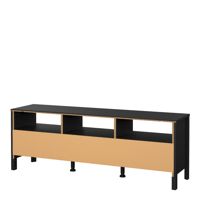 Long TV unit with three open shelves and a lower drawer, featuring a black and light wood finish