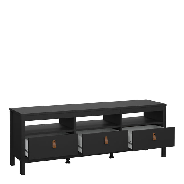 Long TV unit with three drawers featuring leather strap handles, open shelving above, finished in black