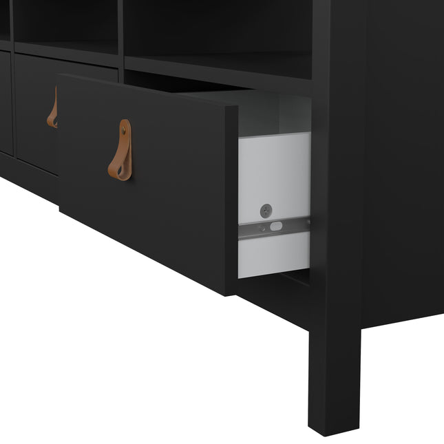 TV unit with three drawers, featuring a sleek black finish and leather pull handles