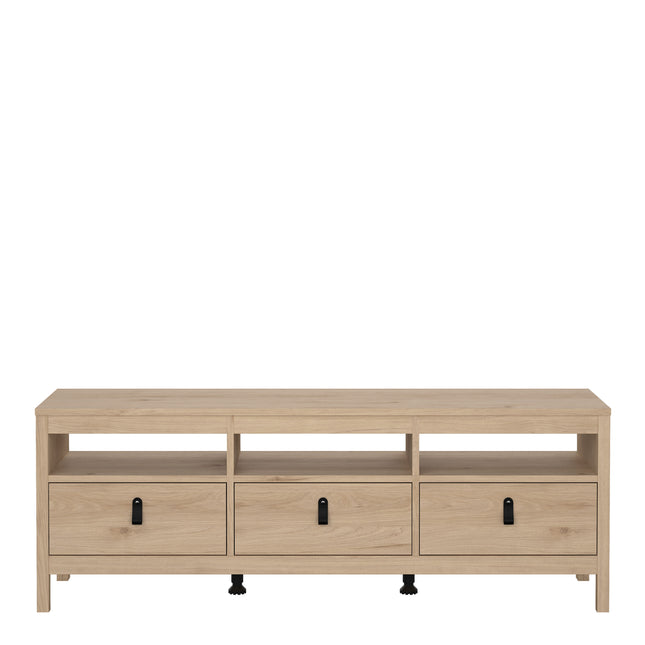 Low TV unit with three drawers and open shelving, made of light wood with black handles