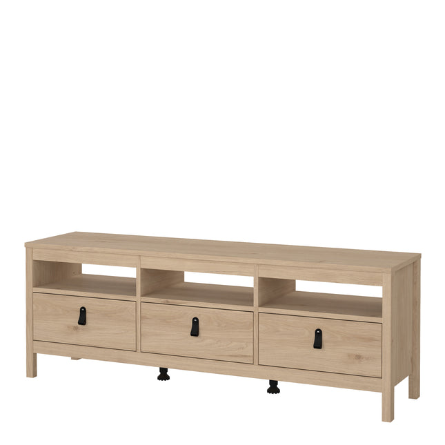 Low wooden TV unit with three drawers and open shelving, finished in light oak with black handles
