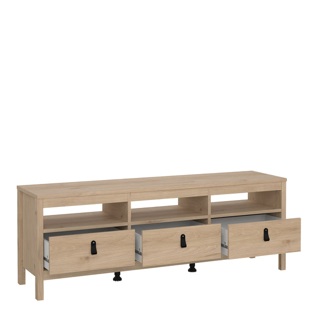 Low TV unit with three spacious drawers and open shelving, crafted from light wood with a natural finish