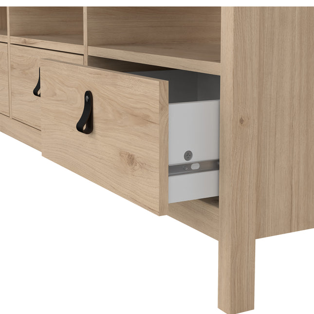 Wooden TV unit with three drawers, featuring a light oak finish and black metal handles