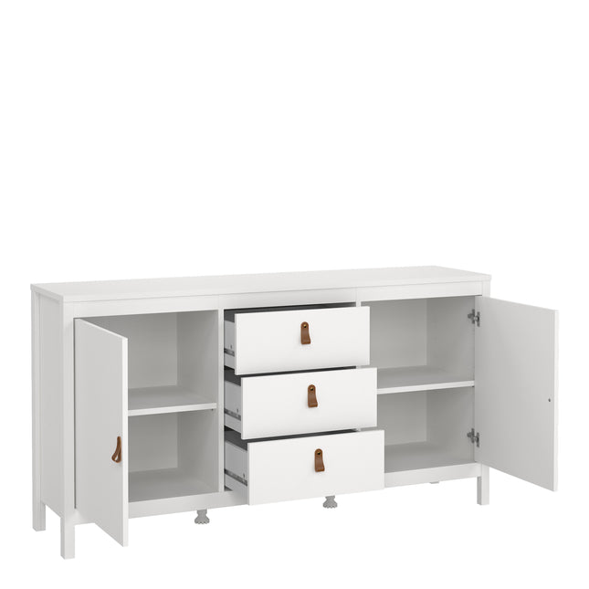 Sideboard with two doors and three drawers, featuring a white finish and leather strap handles