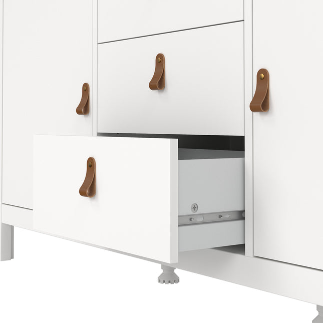 White sideboard featuring two doors and three drawers, with brown leather handles for easy access