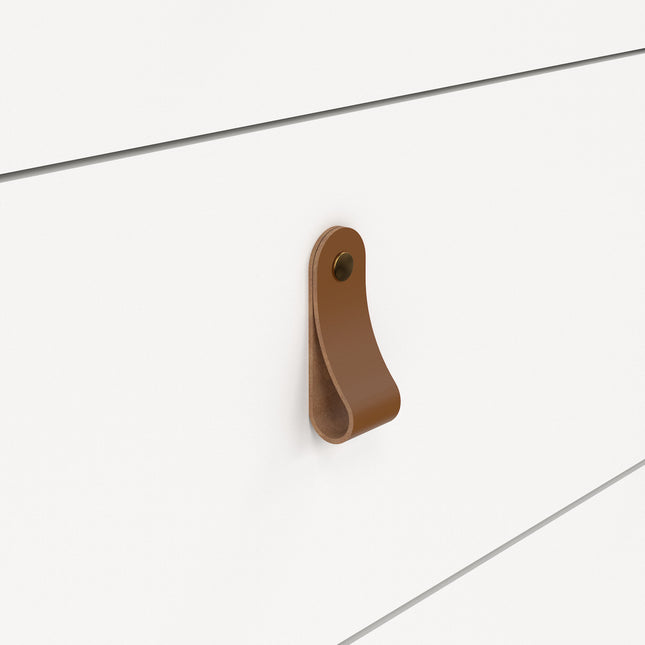 Brown leather handle on a white drawer front, featuring a smooth, curved design with a single brass screw