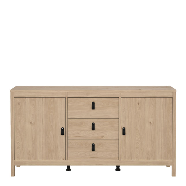 Sideboard with two doors and three drawers, featuring a light wood finish and black metal handles