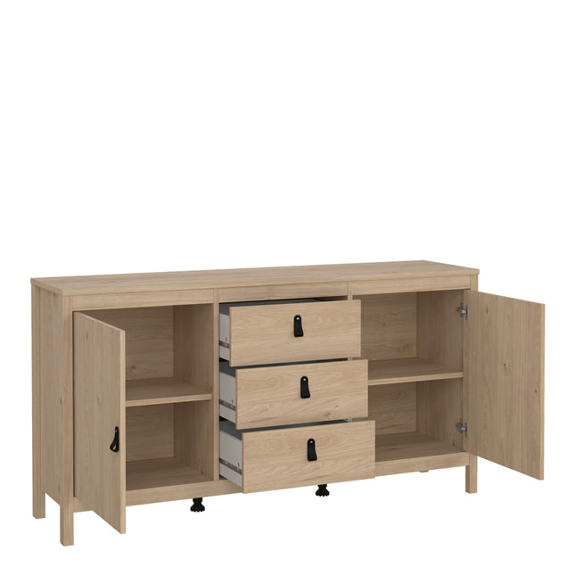 Sideboard with two doors and three drawers, featuring a light wood finish and black handles