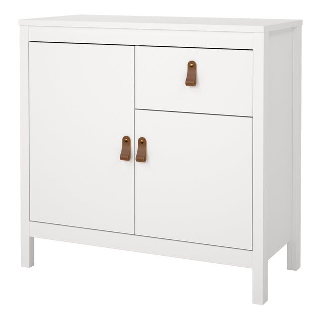 White sideboard with two doors and one drawer, featuring brown leather handles and a simple, clean design