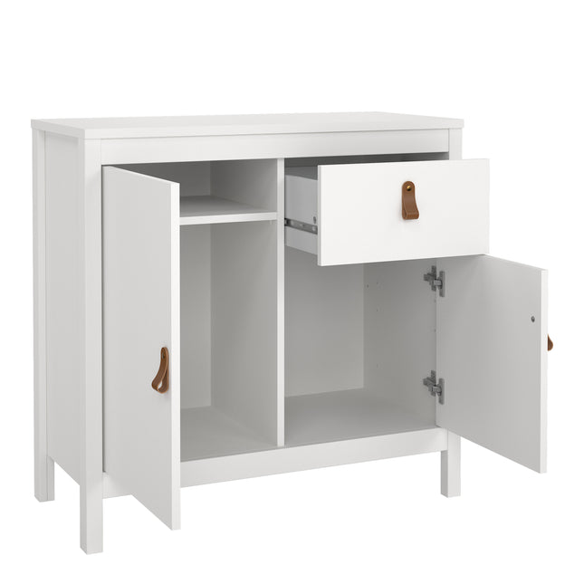 White sideboard with two doors and one drawer, featuring leather handles and open shelving inside