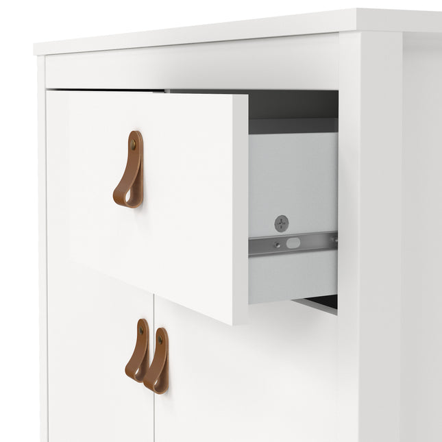 White sideboard with two doors and one open drawer, featuring brown leather handles