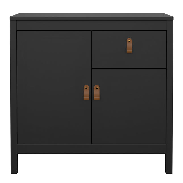Square sideboard with two doors and one drawer, finished in black with contrasting brown leather handles