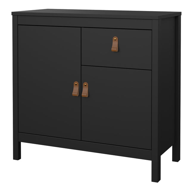 Sideboard with two doors and one drawer, finished in black with brown leather handles
