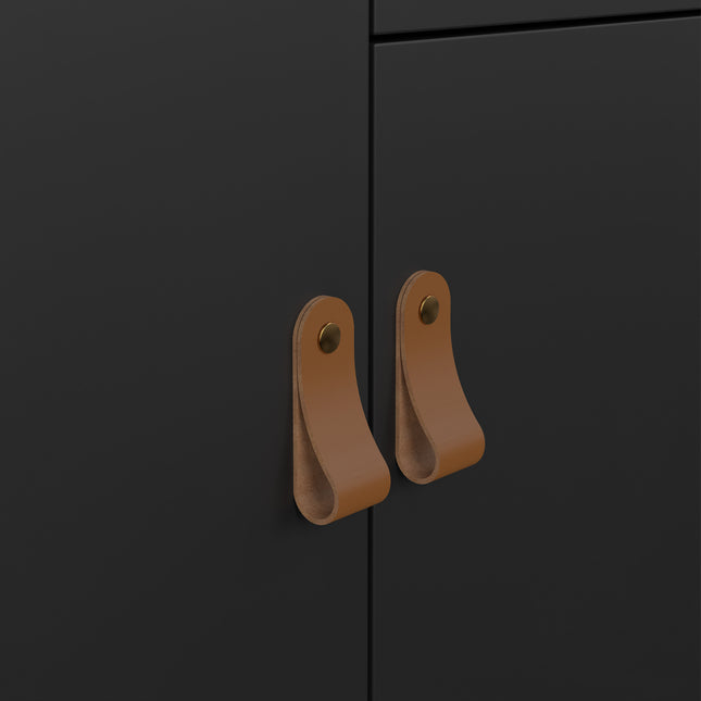 Two brown leather handles with brass studs on a black cabinet door