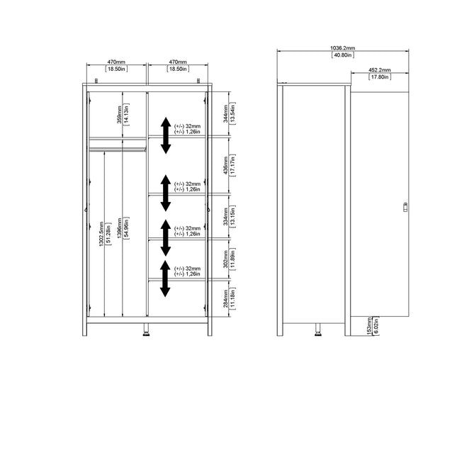 Wardrobe with two doors, featuring a sleek design and adjustable shelving, shown in a simple line drawing
