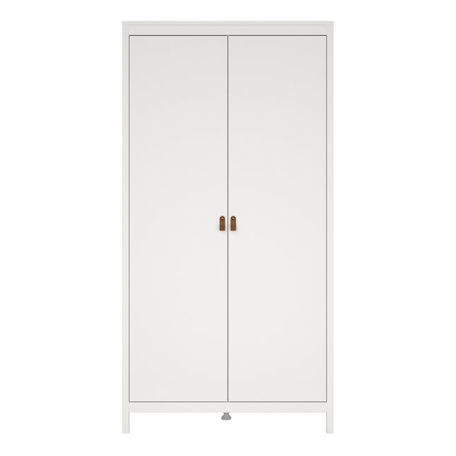 Two-door wardrobe in white with wooden handles and a sleek, minimalist design