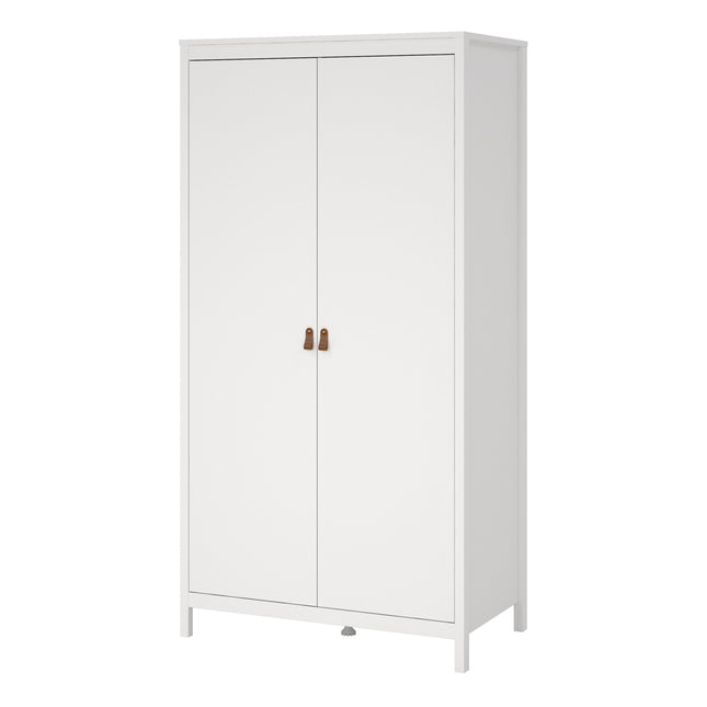 Two-door wardrobe in white with wooden handles and a sleek, minimalist design