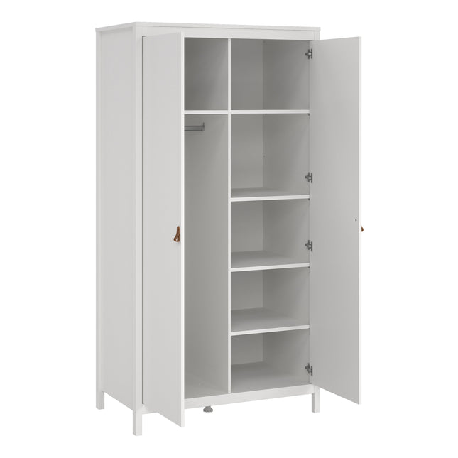 Two-door wardrobe in white with internal shelving and a hanging rail, featuring wooden handles and a minimalist design