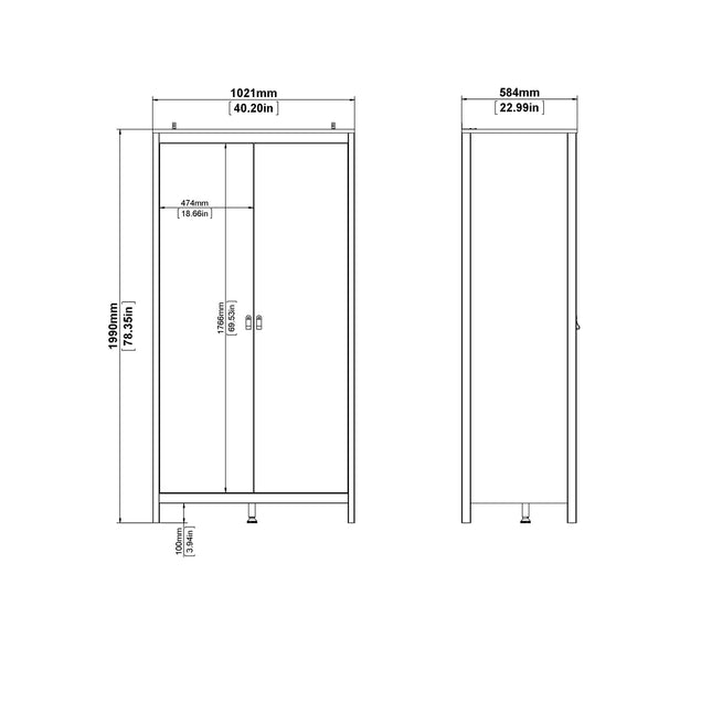 Two-door wardrobe with a simple rectangular shape, featuring a smooth finish and minimalistic handles