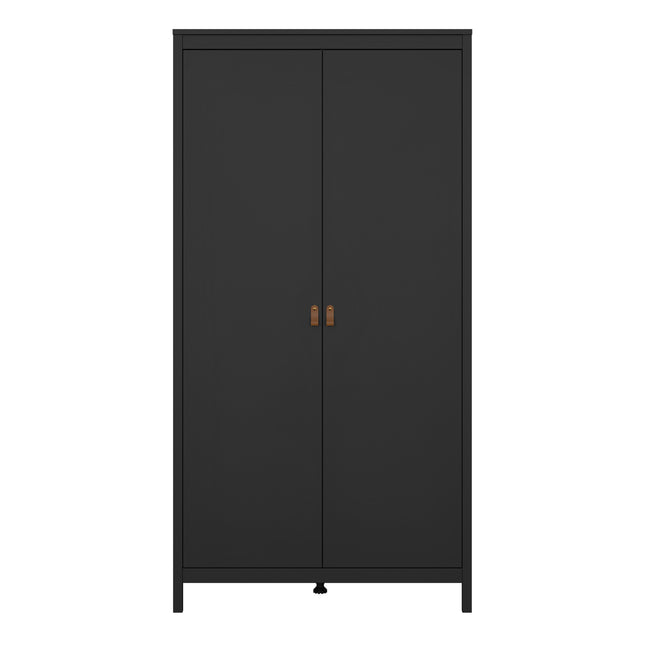 Two-door wardrobe in black with a smooth finish and contrasting bronze handles