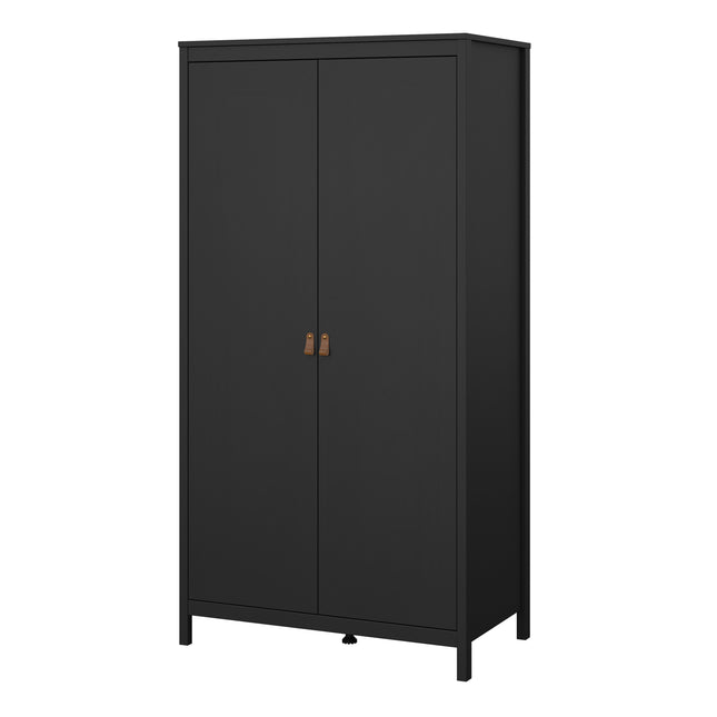 Tall wardrobe with two doors, featuring a sleek black finish and contrasting brown handles