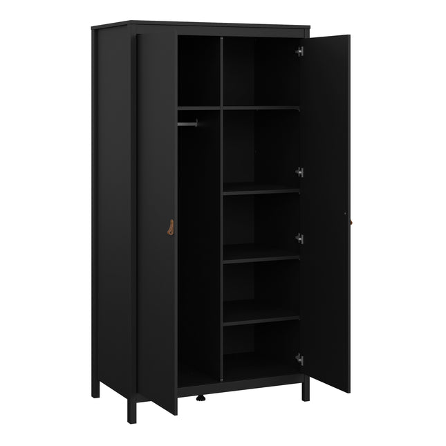 Tall wardrobe with two doors, featuring a hanging rail and multiple shelves, finished in black with wooden handles