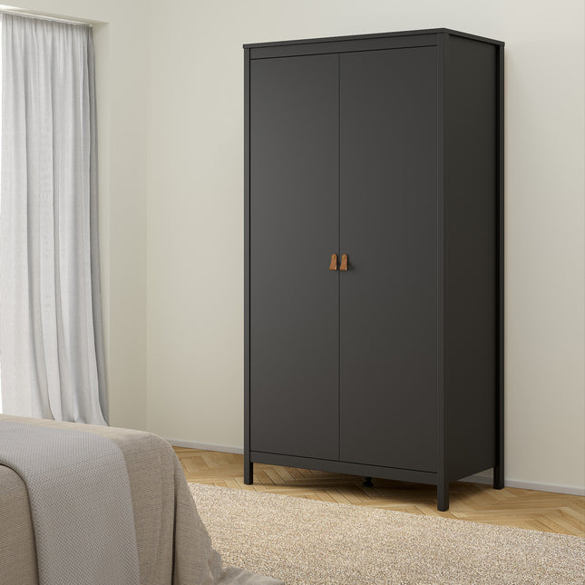 Tall wardrobe with two doors, featuring wooden handles, in a sleek black finish on slender legs