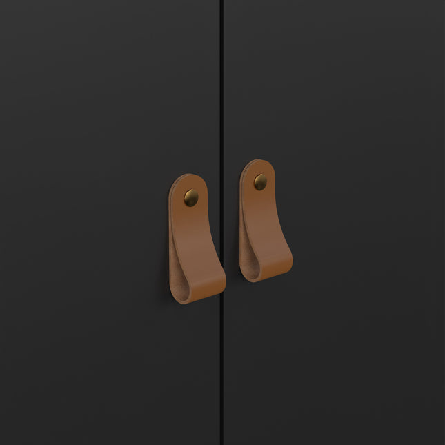 Two-door wardrobe with brown leather handles and brass studs on a matte black finish