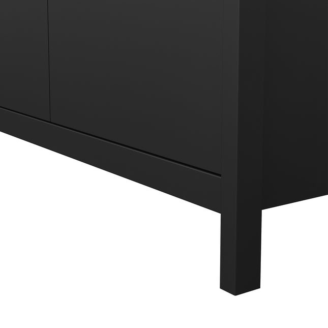 Two-door wardrobe with a sleek black finish and minimalist design, featuring a flat base and straight legs