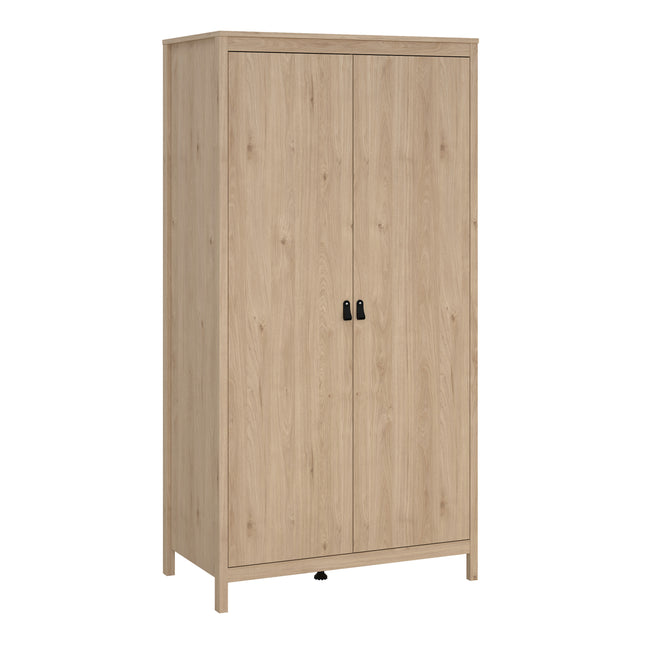 Tall wardrobe with two doors, featuring a light wood finish and black handles. Simple, rectangular design with a flat top