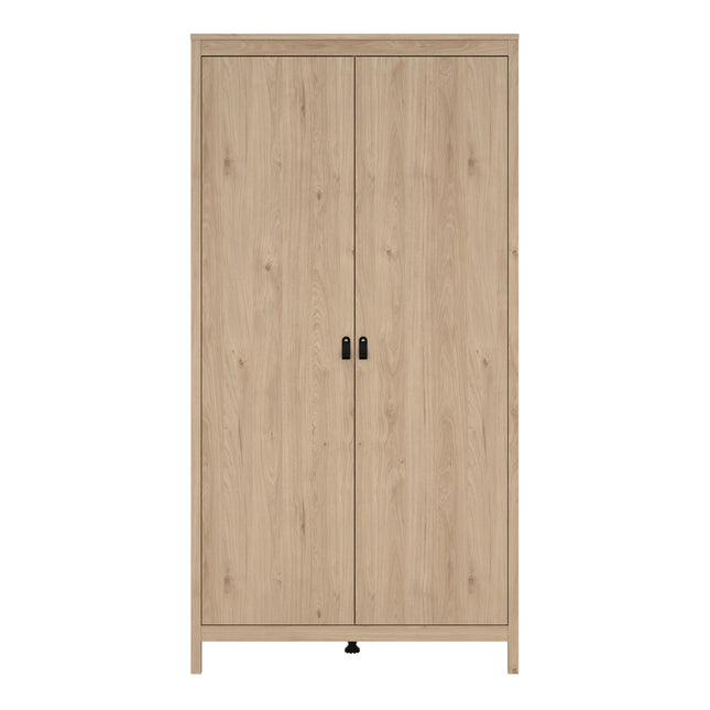 Tall wardrobe with two doors, featuring a light wood finish and black handles. Simple, clean lines with a minimalist design