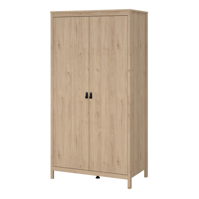 Two-door wardrobe with a light wood finish and black handles, featuring a simple rectangular design