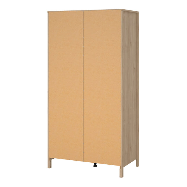 Tall wardrobe with two doors, featuring a light wood finish and a textured, beige front panel