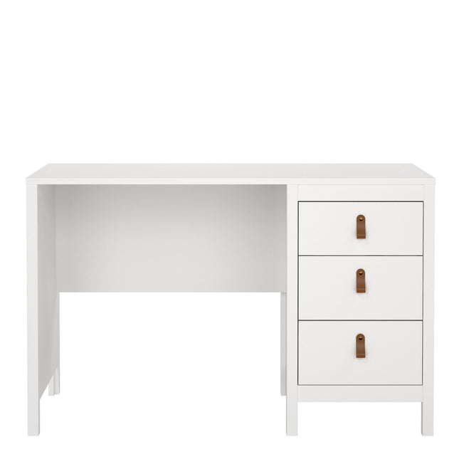 Desk with three drawers featuring leather strap handles, finished in a clean white colour